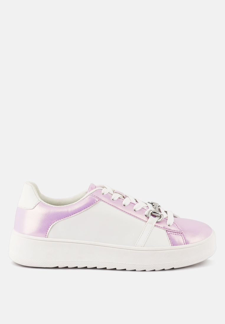 Pink and white metallic faux leather sneakers from London Rag's Nemo Contrasting collection with stylish design details.