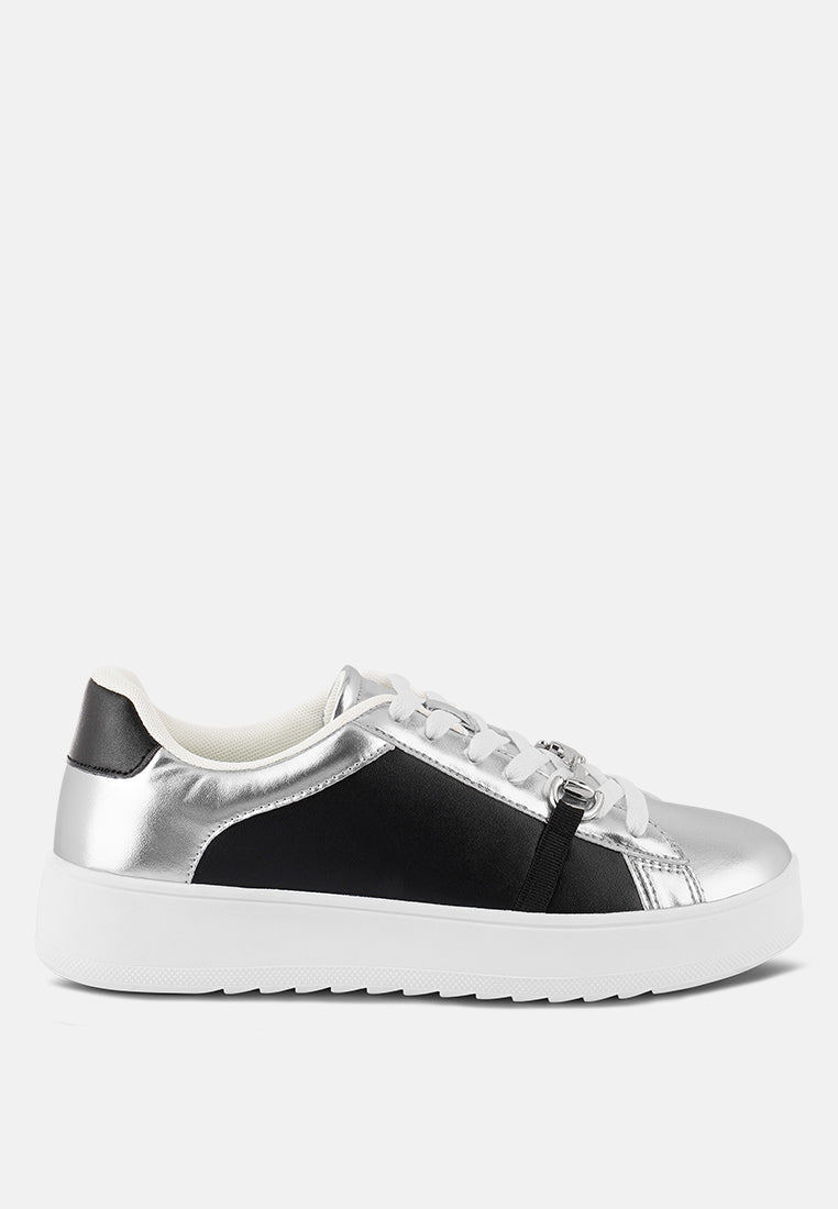 Silver Nemo Contrasting Metallic Faux Leather Sneakers by London Rag with stylish design and textured details.