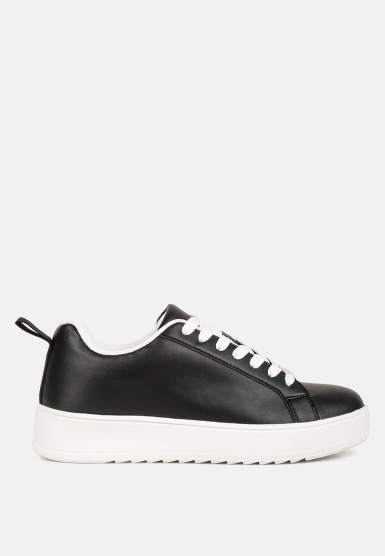 Black Rouxy Faux Leather Sneakers from London Rag, stylish casual sneakers with a sleek faux leather finish.