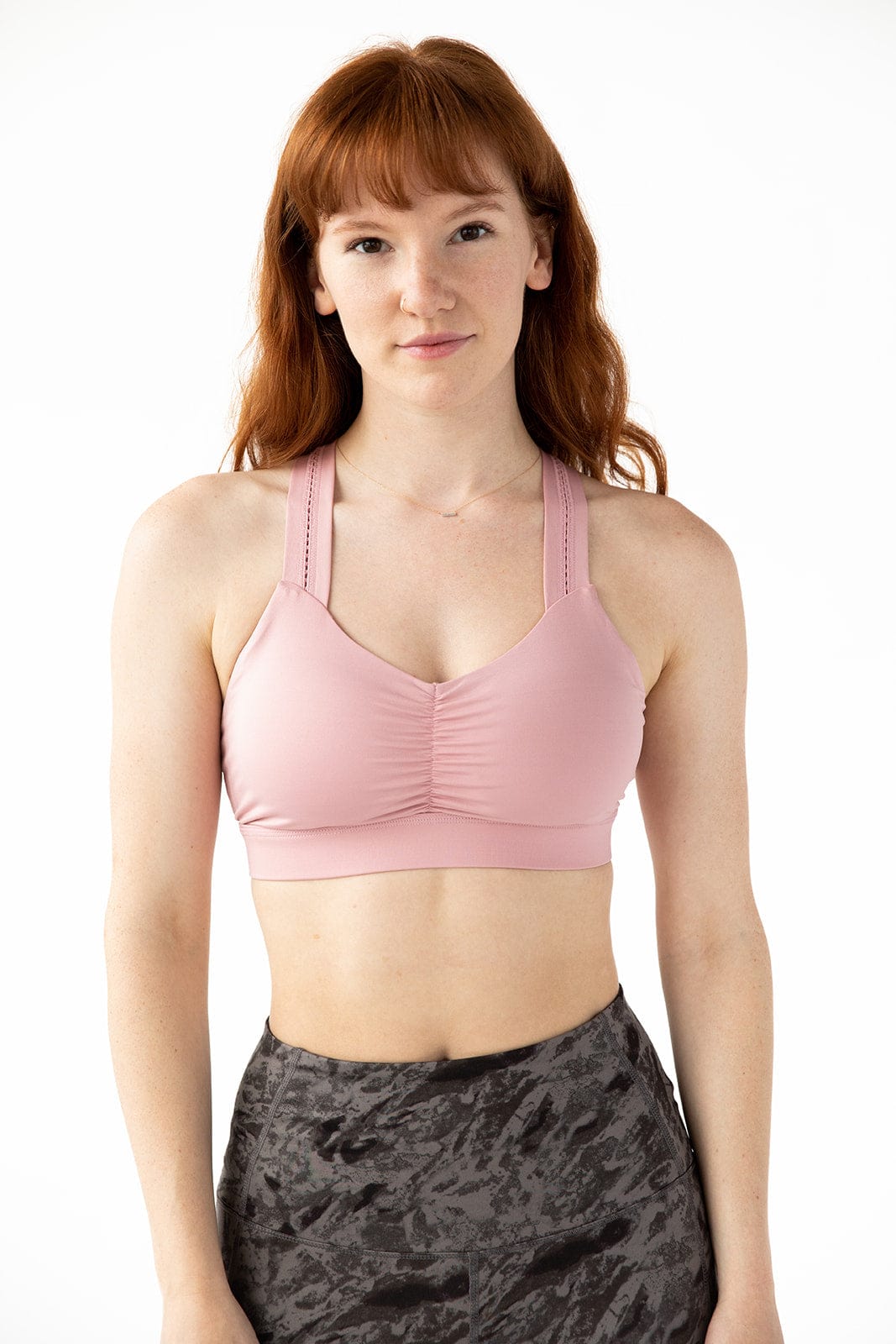 Pink Y-Back bra from Handful called Call My Blush, featuring supportive straps and comfortable fit, shown on a model.
