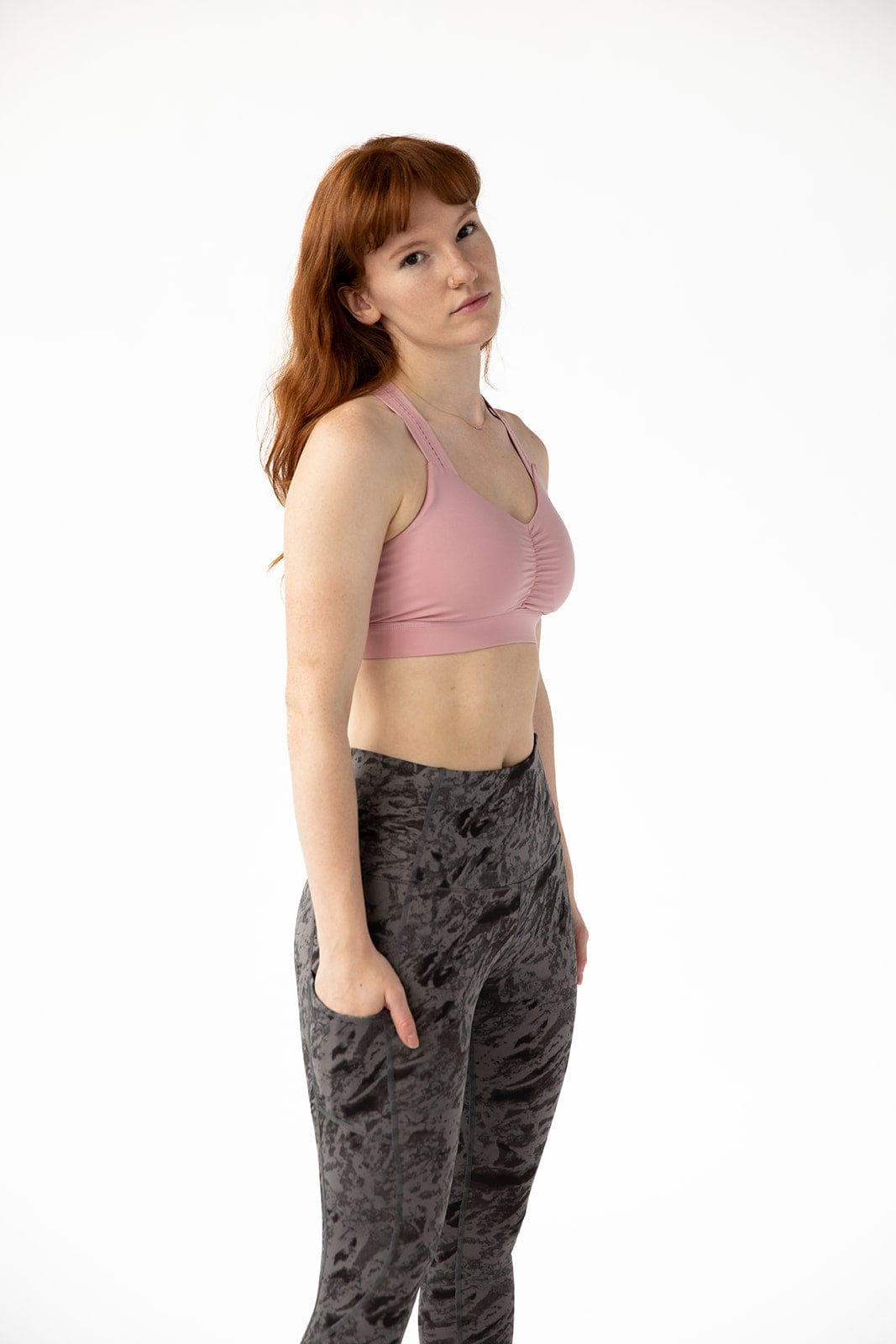 Pink Y-Back bra from Handful called Call My Blush, featuring supportive design and comfortable fit, shown on a model.