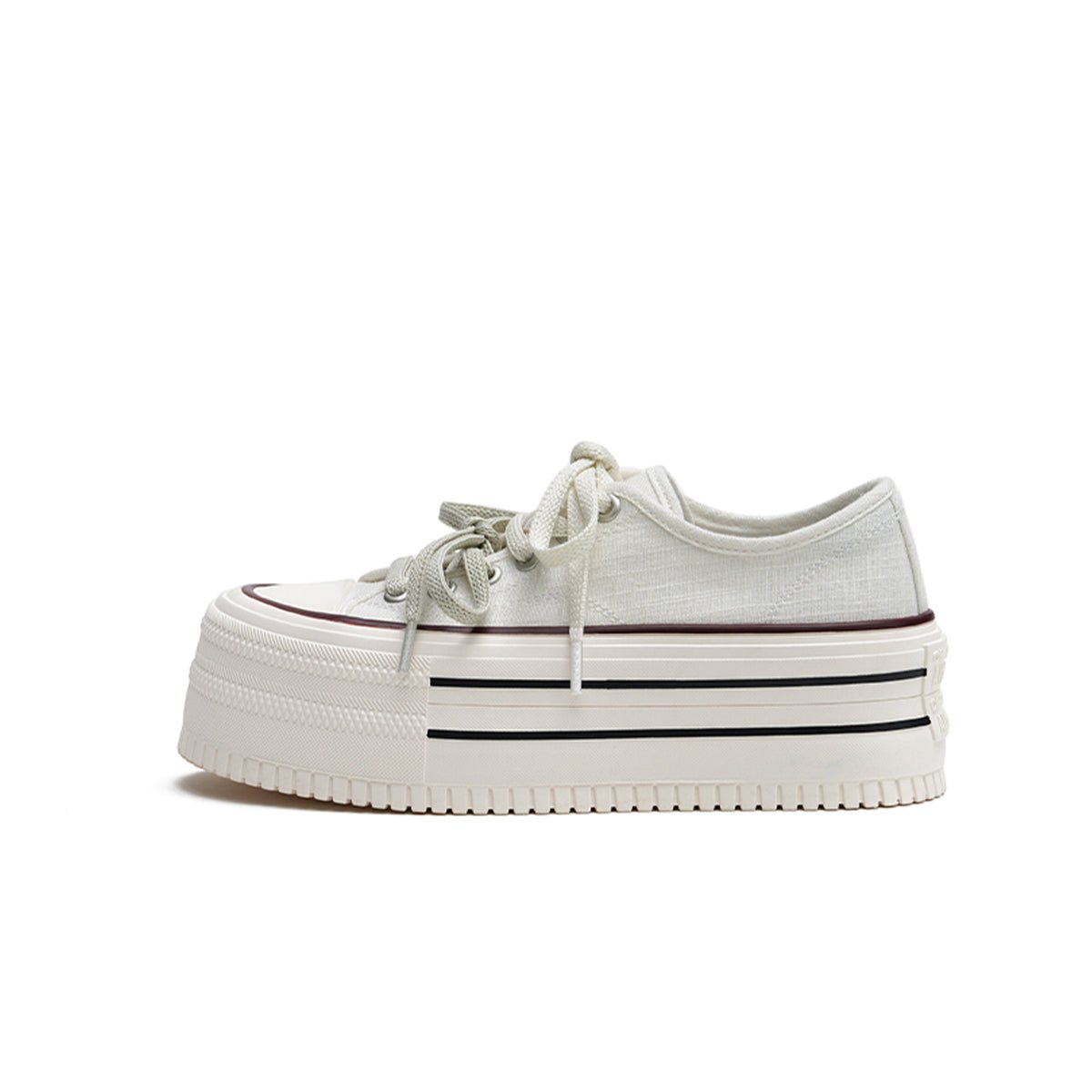 White women's platform canvas sneakers by Masoomake featuring double stripe chunky design and comfortable sole.