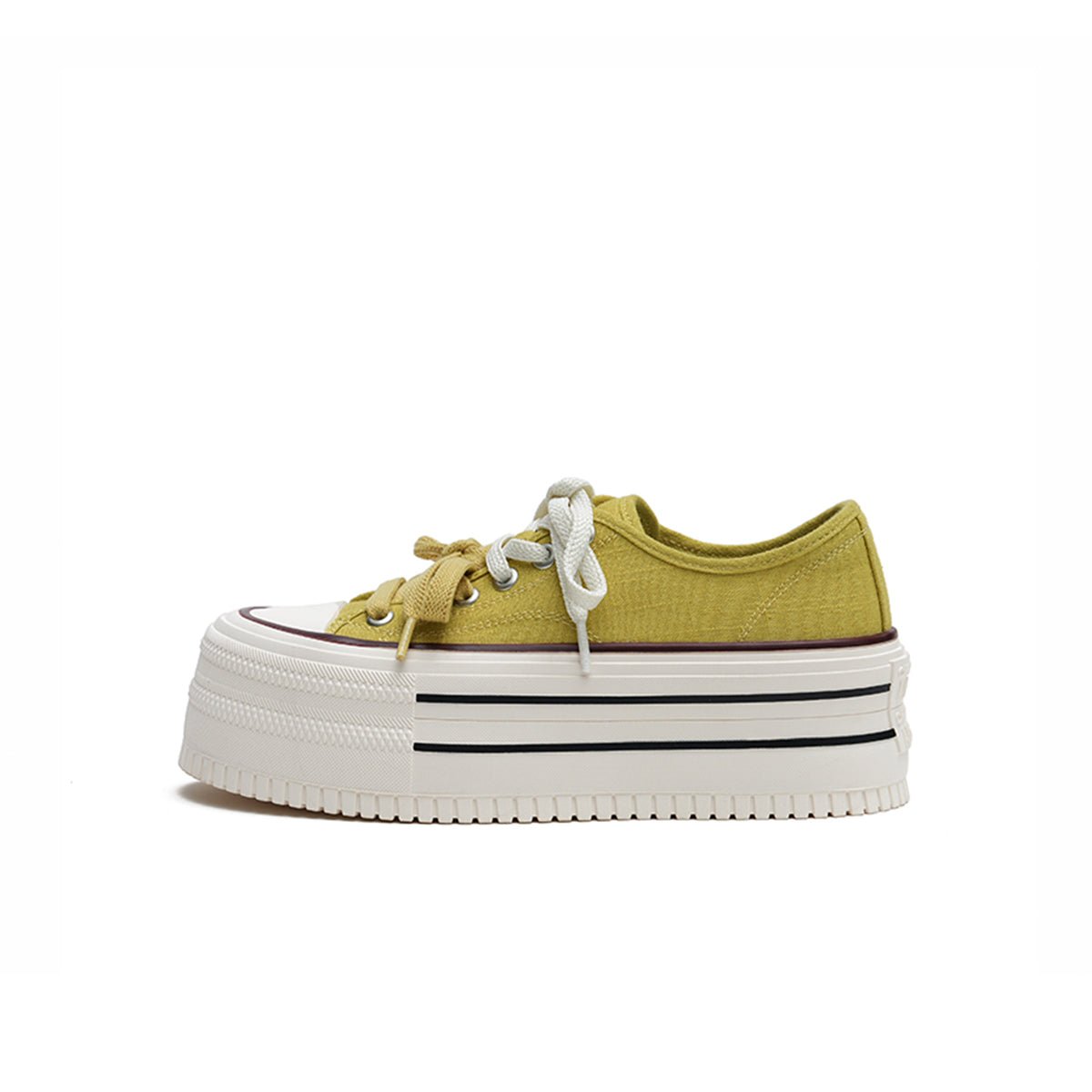 Yellow women's platform canvas sneakers by Masoomake with double stripe design and chunky sole.